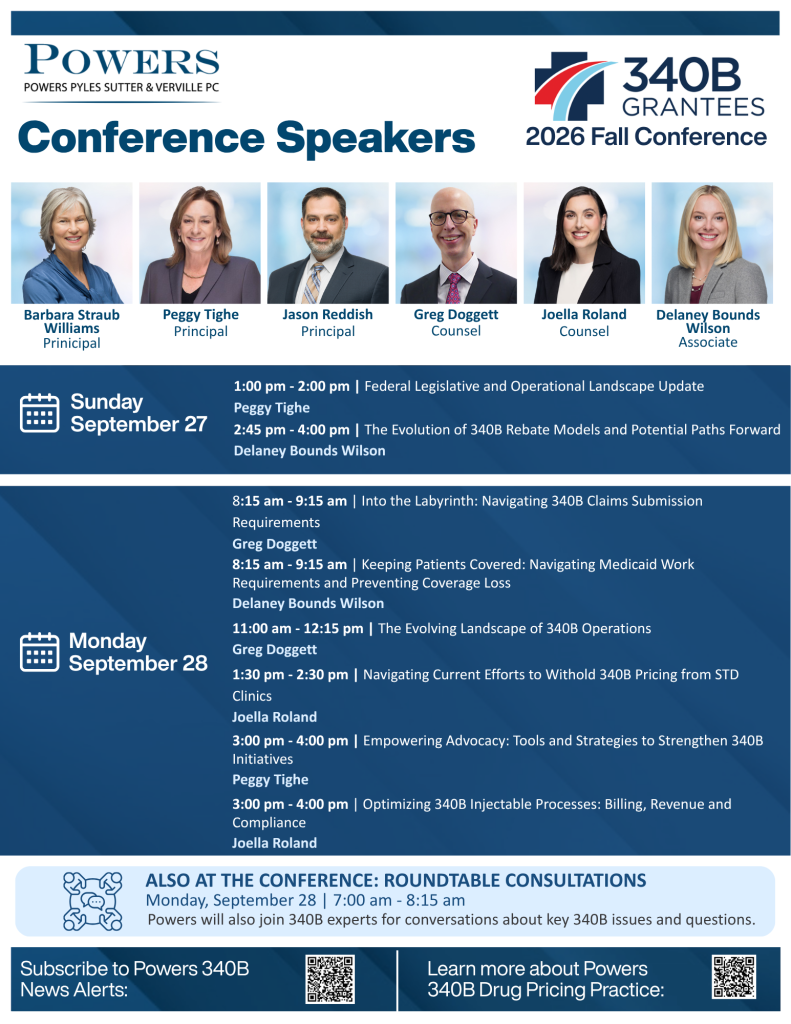 A flyer including headshots and speaking opportunities that the Powers 340B Team will be participating in at the 340B Fall Conference. 