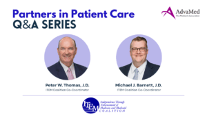 Peter Thomas and Michael Barnett headshots for a graphic highlighting the AdvaMed Q&A Partners in Patient Care Series
