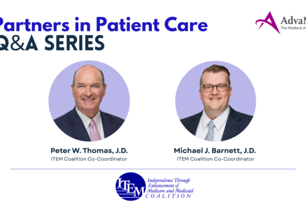 Peter Thomas and Michael Barnett headshots for a graphic highlighting the AdvaMed Q&A Partners in Patient Care Series