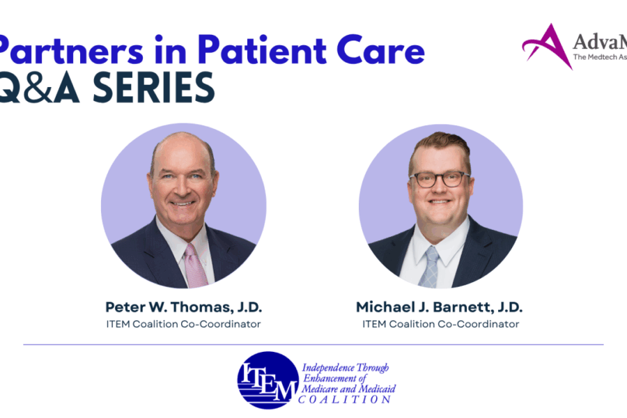 Peter Thomas and Michael Barnett headshots for a graphic highlighting the AdvaMed Q&A Partners in Patient Care Series